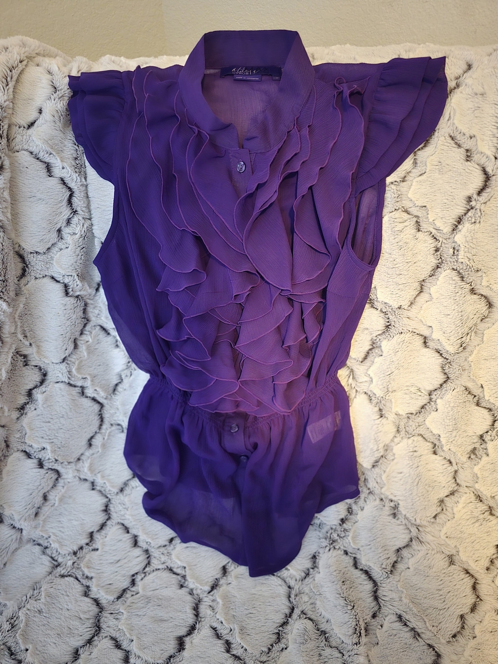 Y2K Miley Cyrus Max Azria Purple Ruffled Sleeveless Blouse Sz XL 13" Pit To Pit